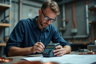 Ingénieur électricien utilisant un calculateur de champ magnétique Cat29 sur un établi industriel entouré de schémas électriques et de bobines de cuivre