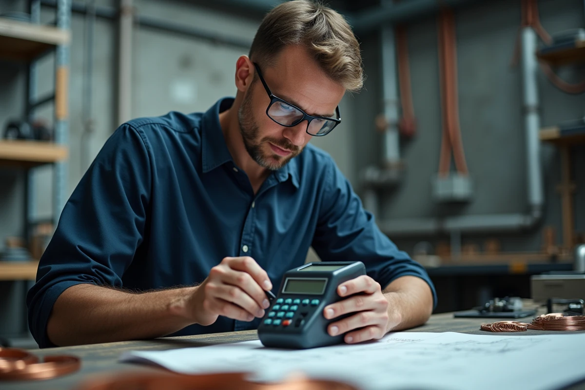 Ingénieur électricien utilisant un calculateur de champ magnétique Cat29 sur un établi industriel entouré de schémas électriques et de bobines de cuivre