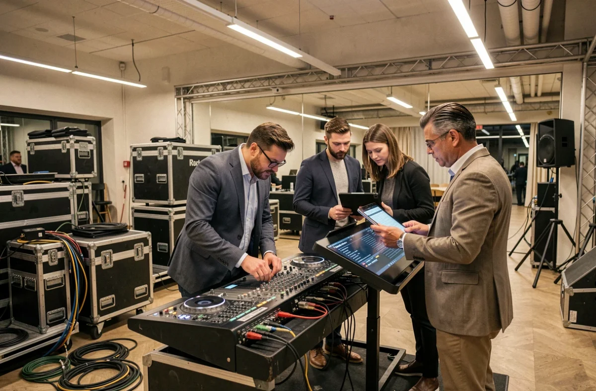 Équipe d'Inji Events coordonnant la logistique musicale et technique en coulisses d'un grand événement parisien