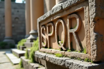 Inscription SPQR gravée dans la pierre d'un mur romain antique avec des ruines en arrière-plan