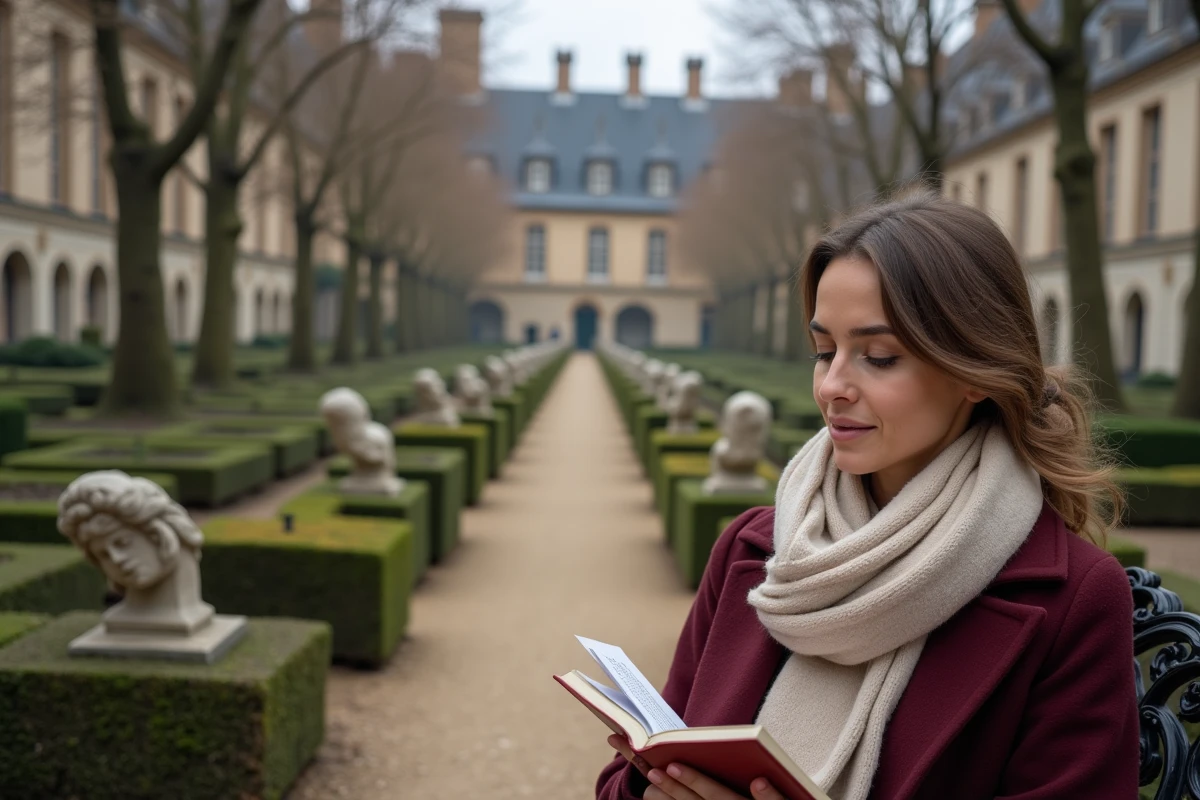 Femme lisant un guide touristique dans le jardin formel du parc de Bagatelle dans le Nord de la France