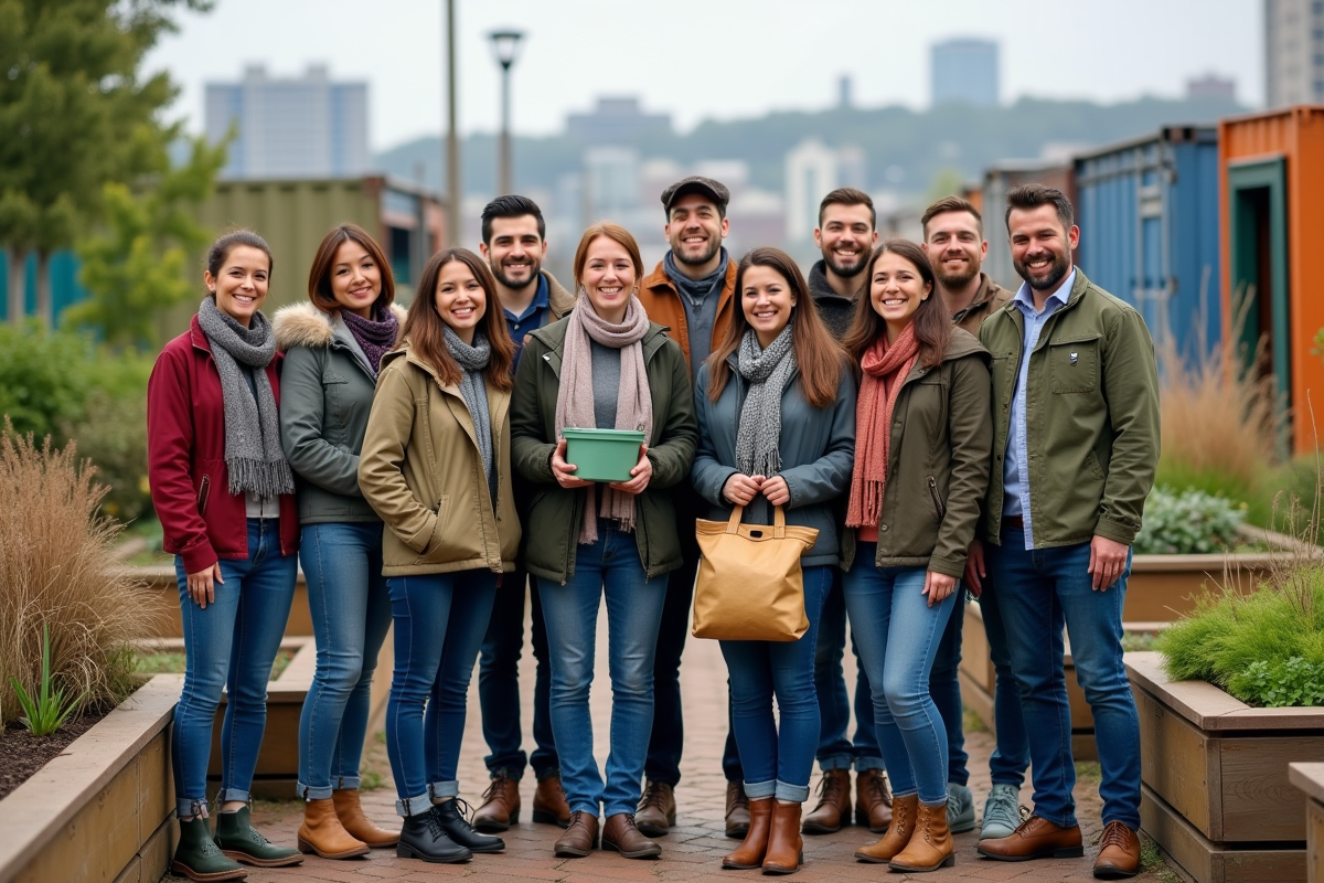 Groupe diversifié dans un jardin urbain avec produits ecofriendly