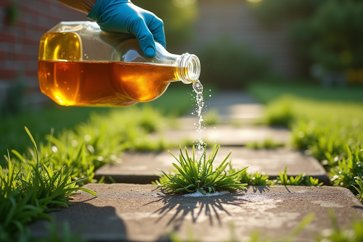 Personne versant vinaigre et sel sur mauvaises herbes entre pavés