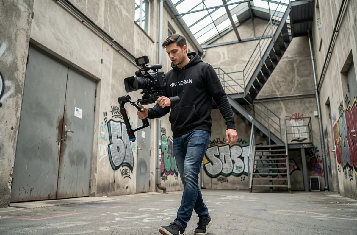 Vidéaste de JBCM Group filmant en mouvement dans une cour industrielle à Groslay avec un gimbal