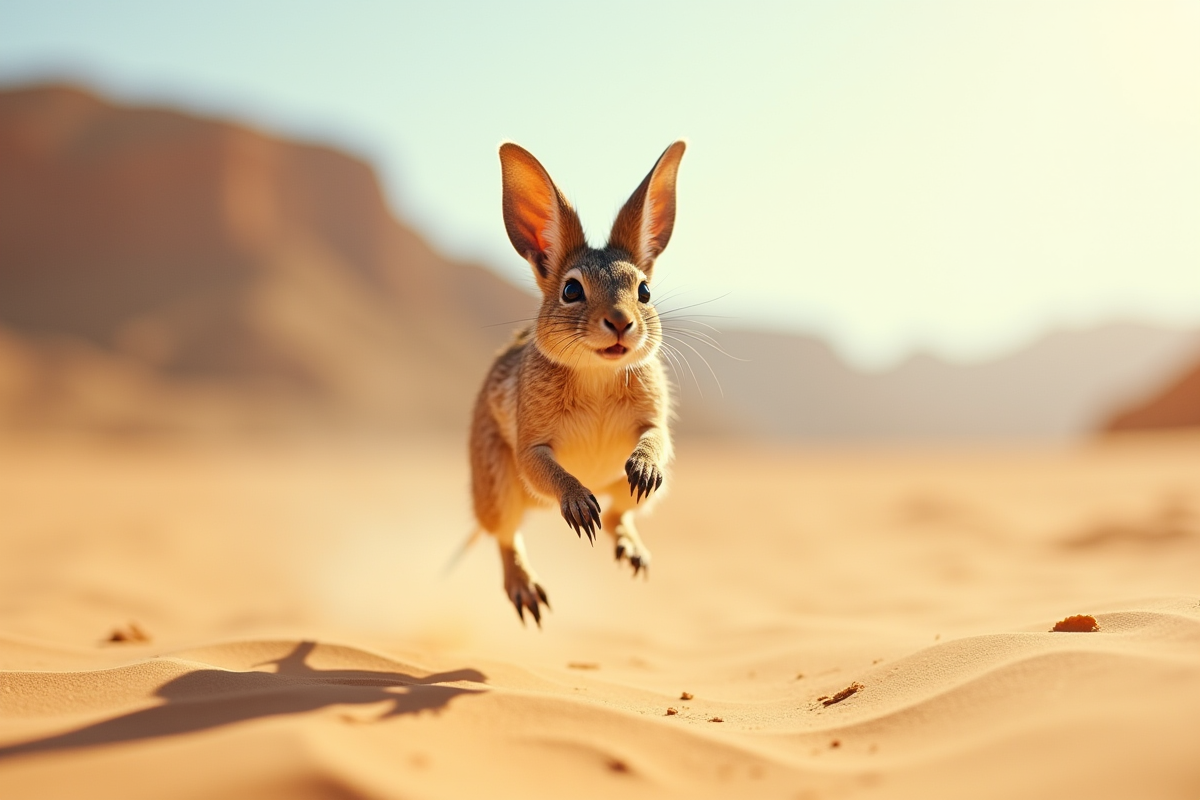 Jerboa en saut dans un désert ensoleille