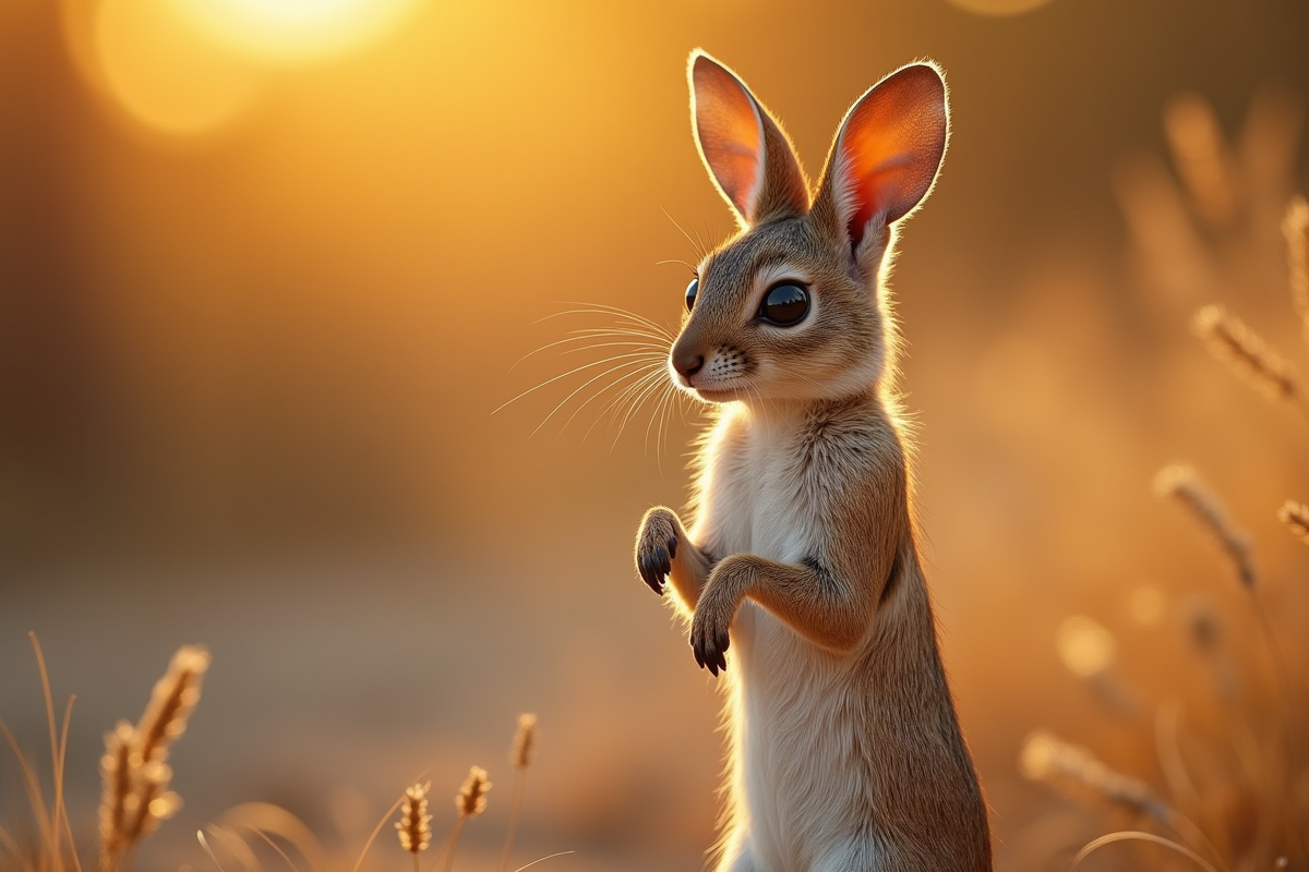 Jerboa debout en soirée dorée sur ses pattes