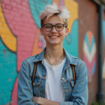 Jeune adulte avec cheveux colorés devant un mur urbain coloré