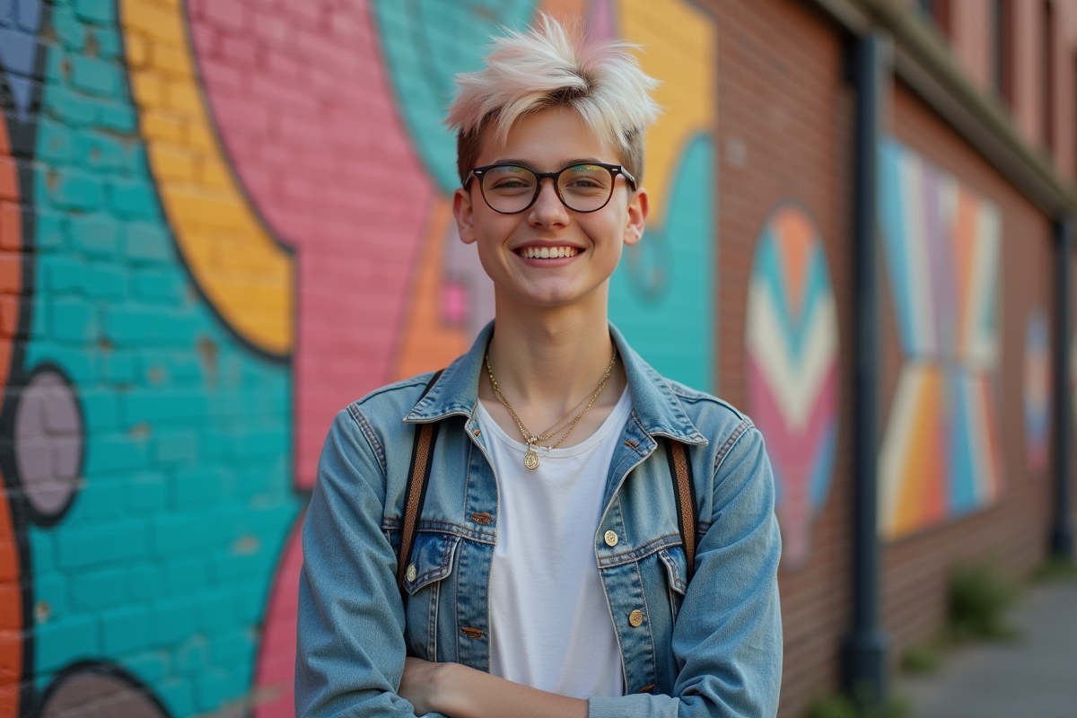 Jeune adulte avec cheveux colorés devant un mur urbain coloré