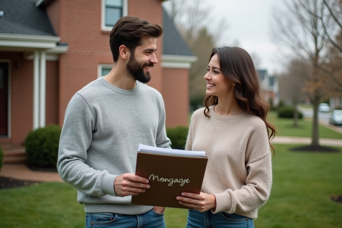 Jeune couple devant une maison de banlieue avec dossier mortgage