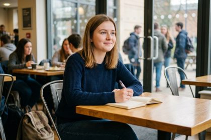 Jeune étudiante assise pensivement dans un café moderne