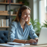 Jeune femme au bureau parlant en ligne avec casque