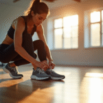Jeune femme nouant ses baskets de sport modernes dans une salle lumineuse