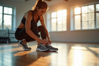 Jeune femme nouant ses baskets de sport modernes dans une salle lumineuse