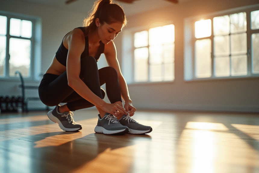 Jeune femme nouant ses baskets de sport modernes dans une salle lumineuse