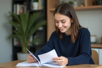 Jeune femme lisant des cartes de conversation en anglais