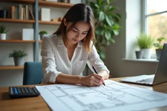 Jeune femme dessinant un plan de terrain dans un bureau lumineux