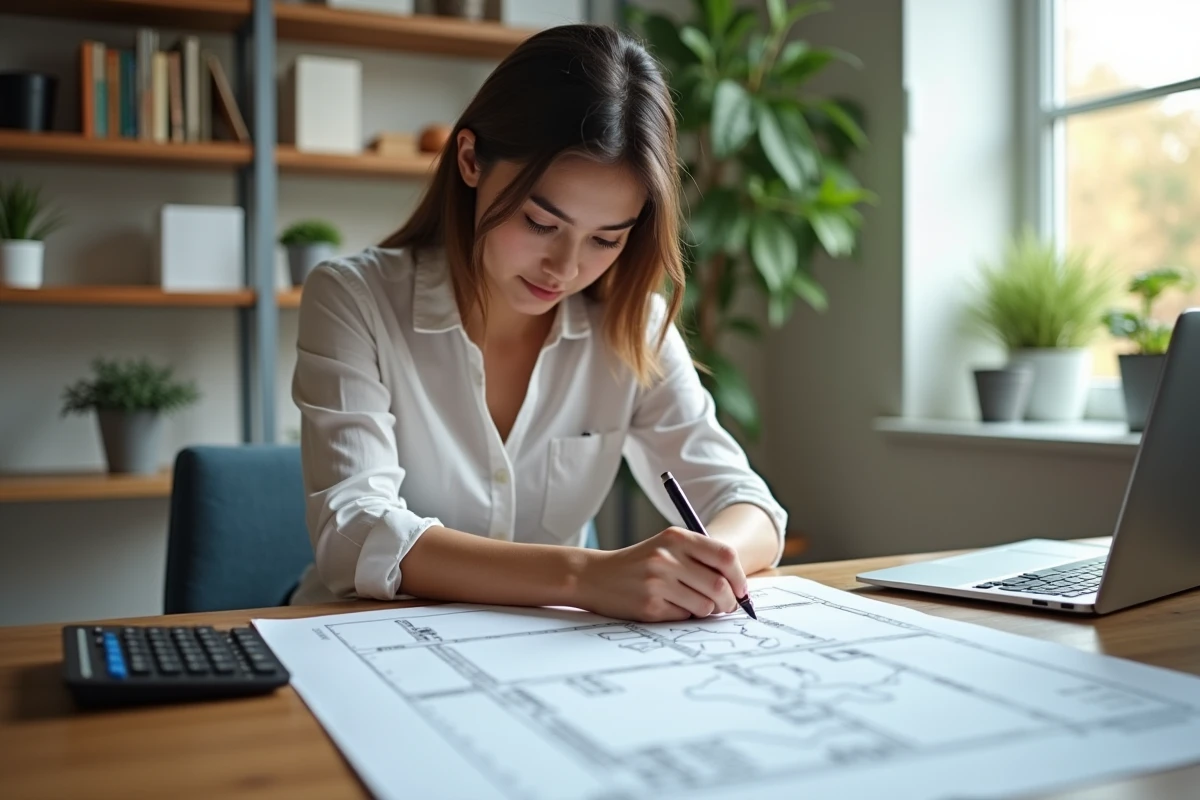 Jeune femme dessinant un plan de terrain dans un bureau lumineux