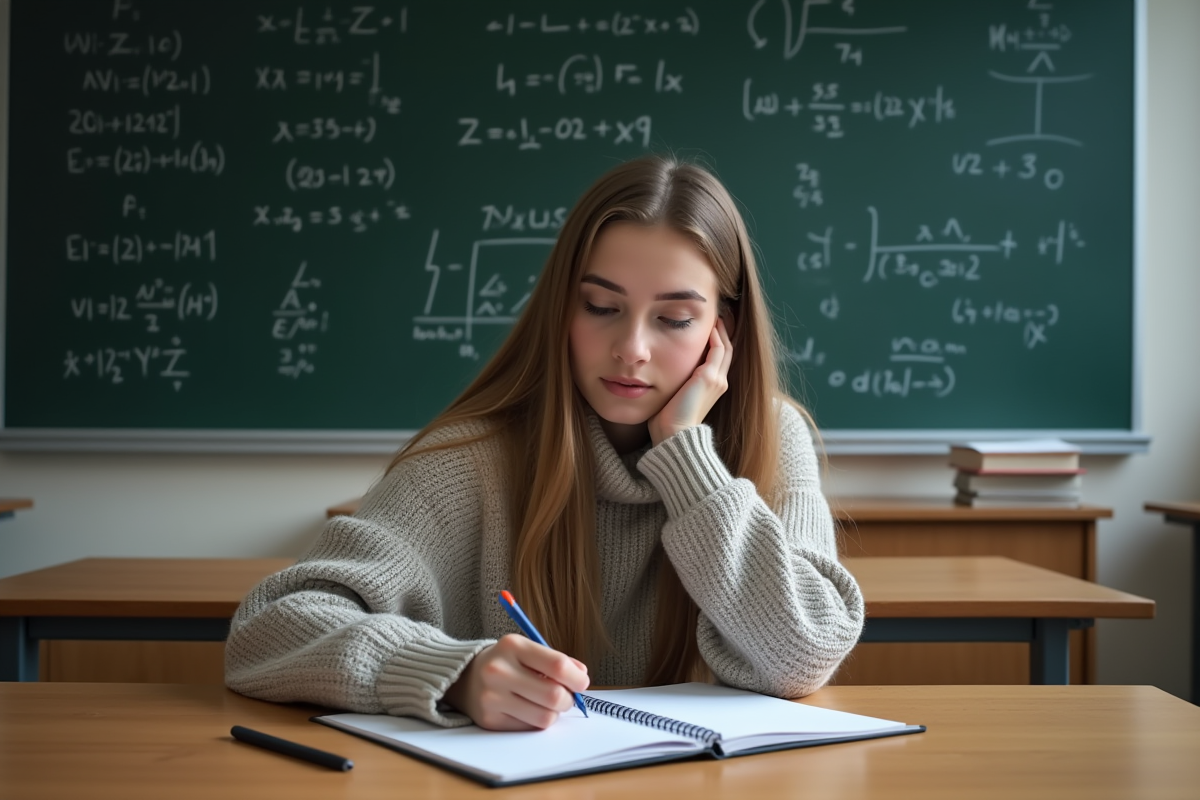 Jeune femme en classe étudiant des équations d'algebre