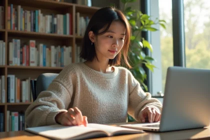 Jeune femme travaillant sur son ordinateur dans un bureau lumineux