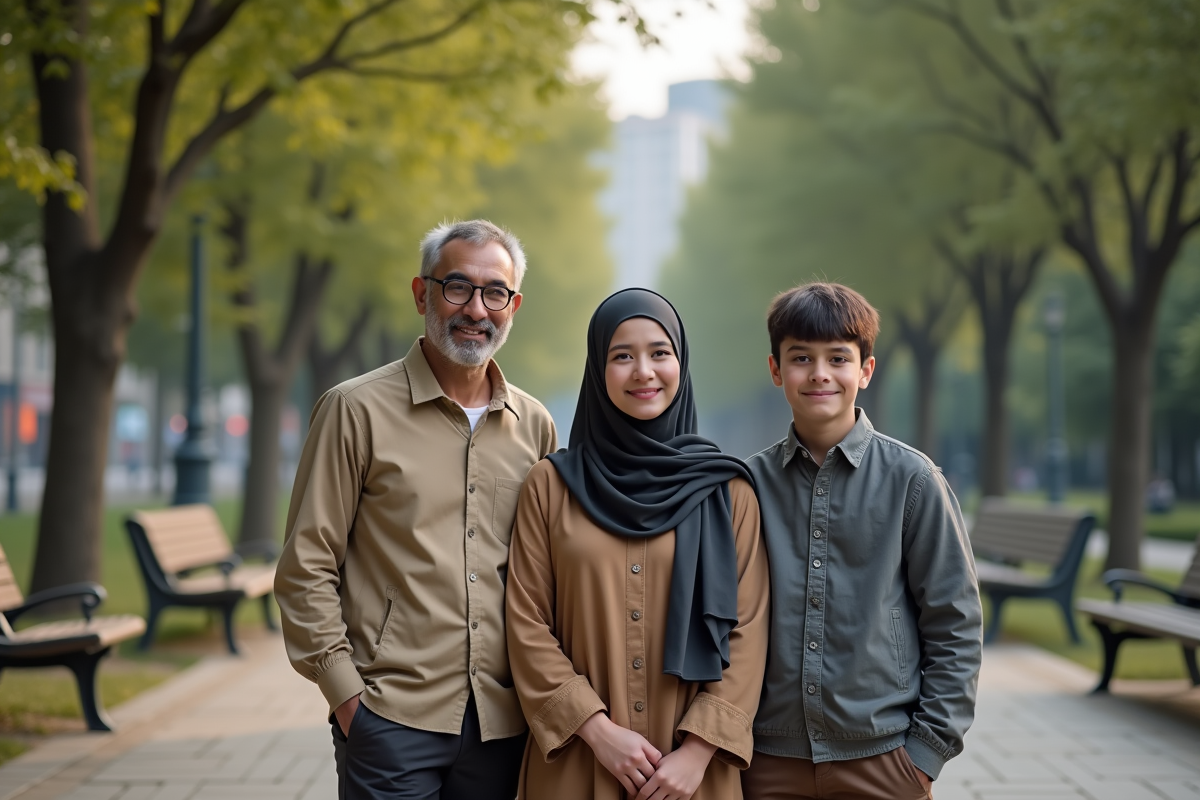 Jeune femme musulmane avec famille dans un parc urbain