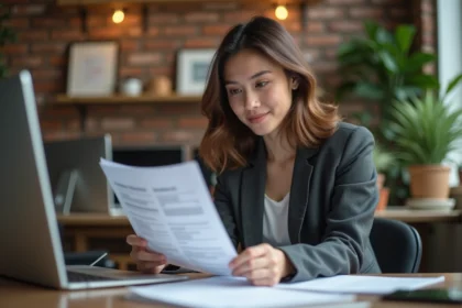 Jeune femme professionnelle examinant son portfolio créatif au bureau