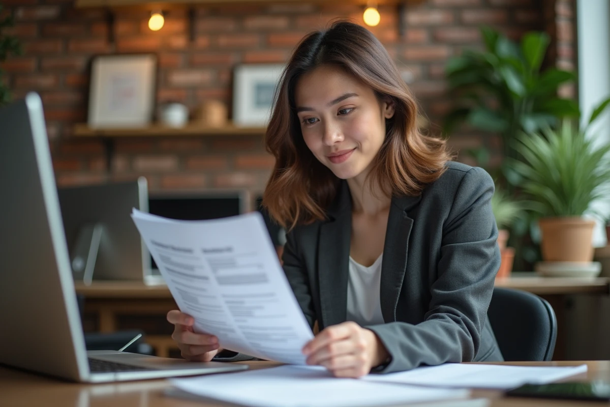 Jeune femme professionnelle examinant son portfolio créatif au bureau