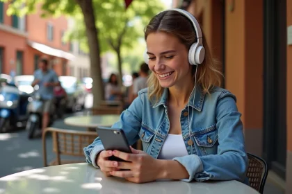 Jeune femme souriante avec smartphone à Mille