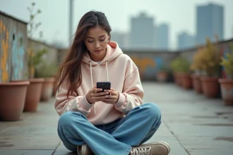 Jeune femme en hoodie pastel consultant son smartphone sur un toit urbain, illustrant les usages des réseaux sociaux chez les jeunes en 2026