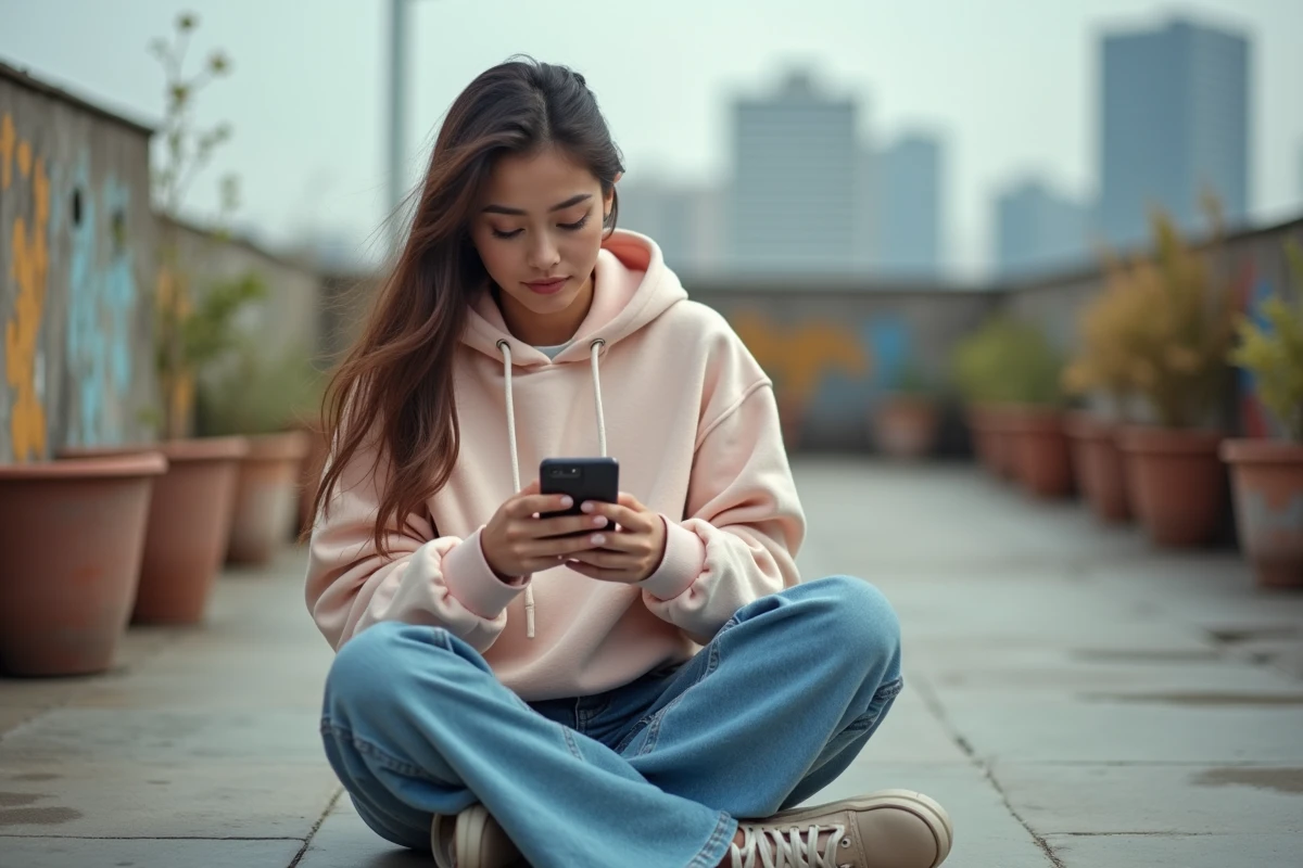 Jeune femme en hoodie pastel consultant son smartphone sur un toit urbain, illustrant les usages des réseaux sociaux chez les jeunes en 2026