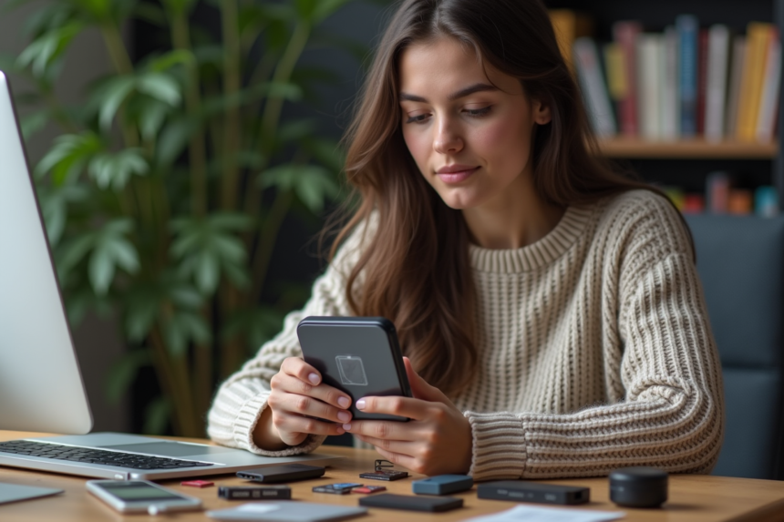 Jeune femme examine des dispositifs de stockage modernes