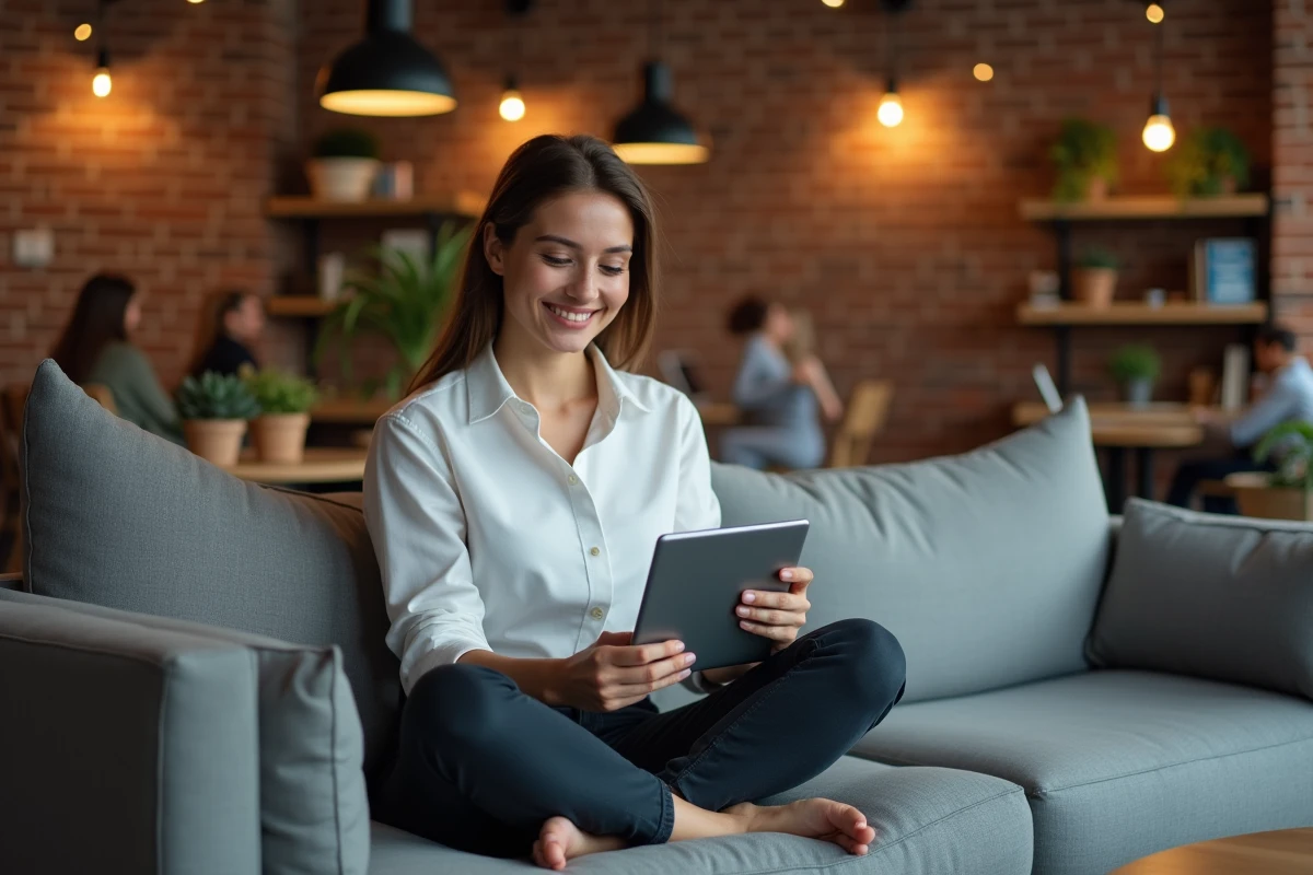 Jeune professionnelle utilisant une tablette pour accéder à un portail centralisé d'outils dans un espace de co-working moderne