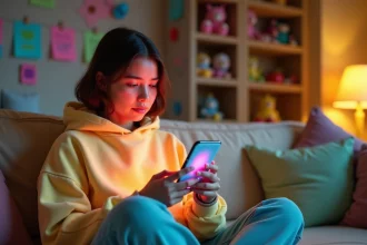 Jeune femme scrollant des vidéos TikTok brainrot sur son canapé dans un appartement au décor Gen Z coloré