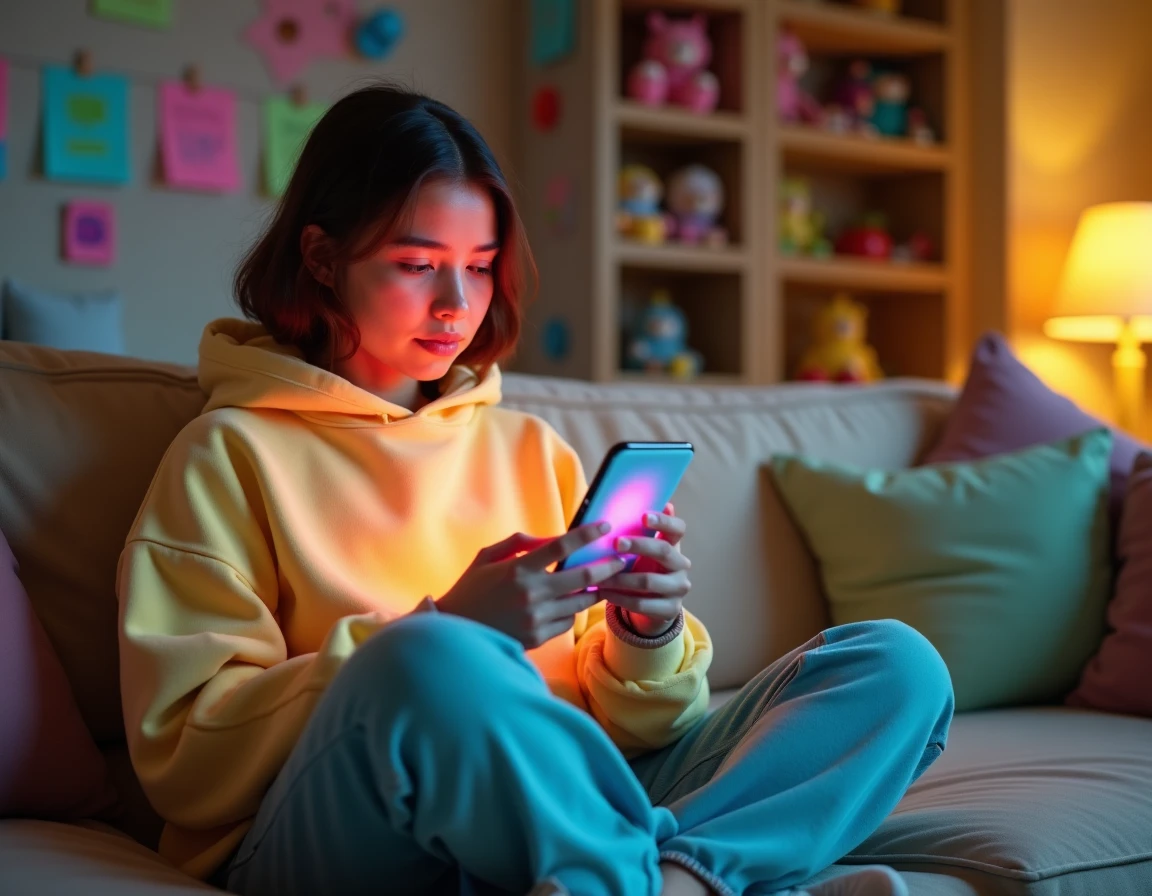 Jeune femme scrollant des vidéos TikTok brainrot sur son canapé dans un appartement au décor Gen Z coloré