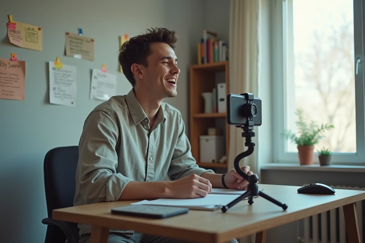 Jeune homme filmant une vidéo courte sur smartphone dans sa chambre, symbolisant la création de contenu et les tendances des jeunes créateurs sur les réseaux sociaux en 2026