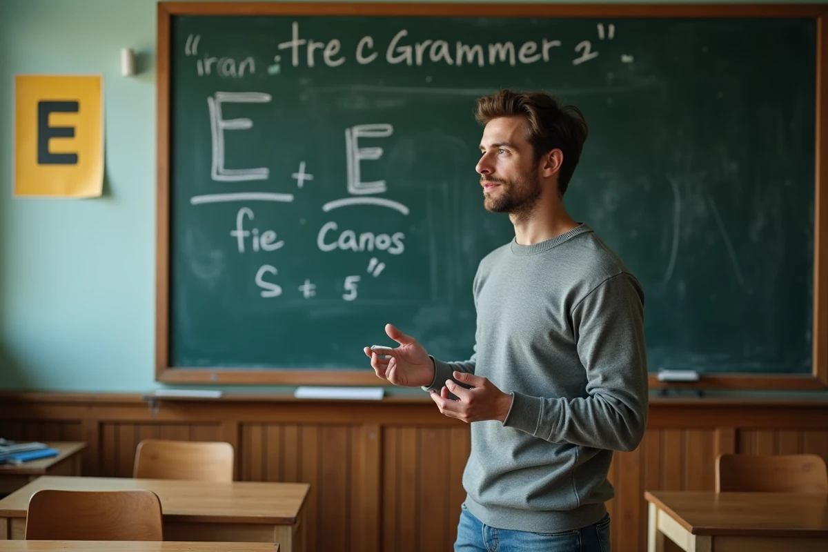 Jeune homme expliquant la règle du E majuscule en classe