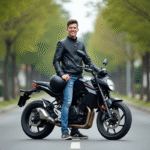 Jeune homme avec moto en rue tranquille