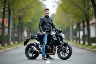 Jeune homme avec moto en rue tranquille