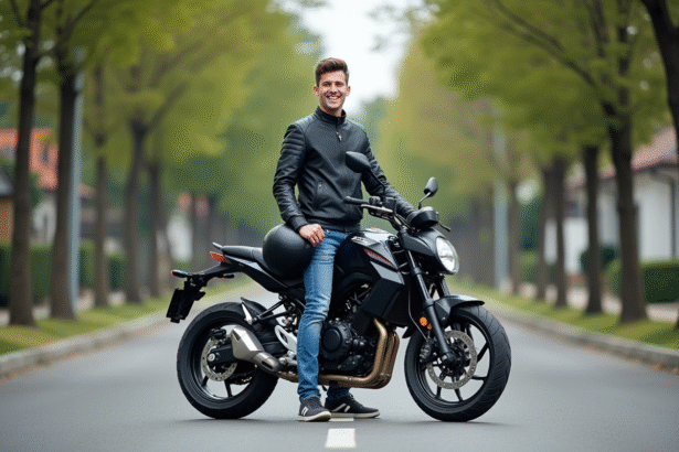 Jeune homme avec moto en rue tranquille