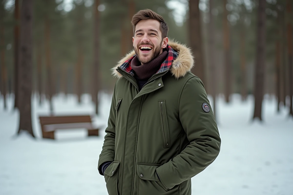 Jeune homme en parka dans un parc enneige