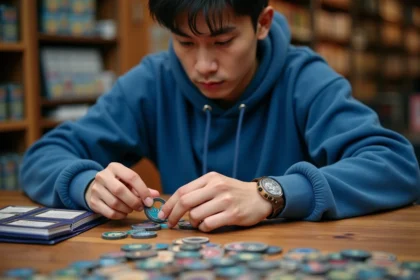 Jeune homme triant des jetons Pokémon TCG sur une table