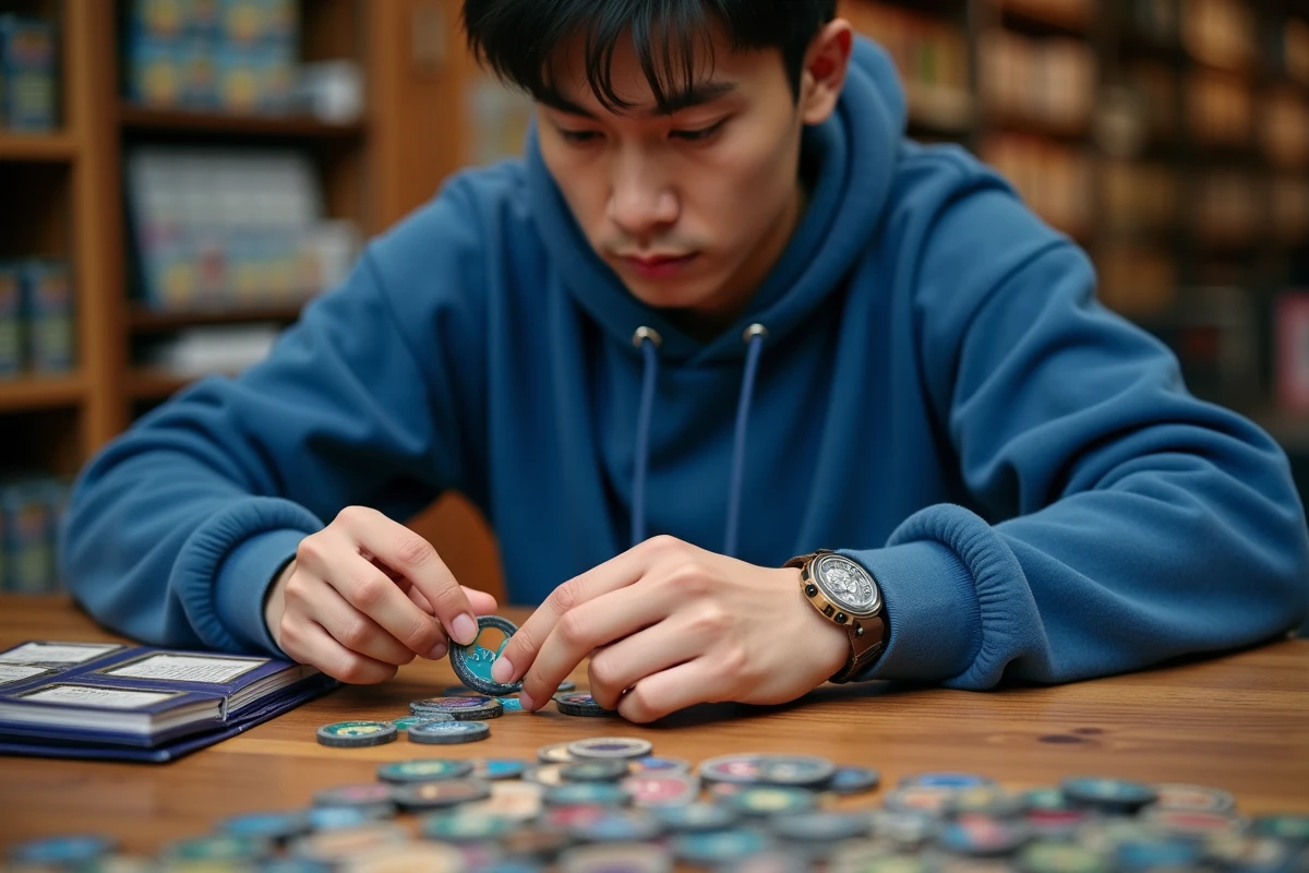 Jeune homme triant des jetons Pokémon TCG sur une table