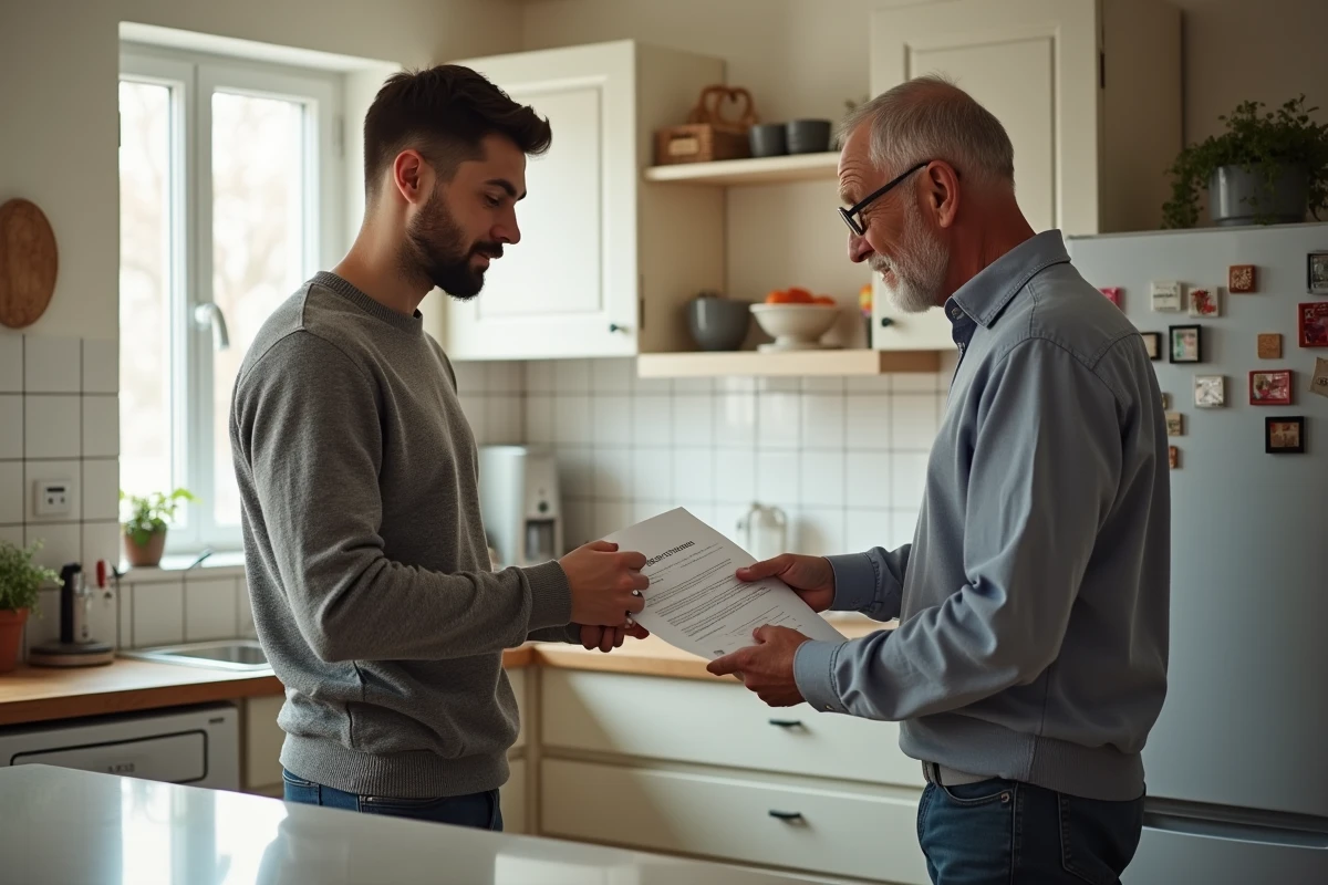 Jeune homme donnant une attestation d hébergement à un homme âgé en cuisine