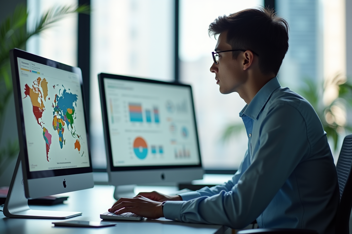 Jeune professionnel analysant des cartes colorées et données démographiques