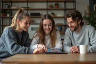 Trois jeunes adultes discutent autour d'un ordinateur pour un jeu Motus