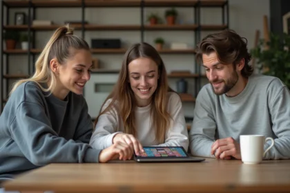 Trois jeunes adultes discutent autour d'un ordinateur pour un jeu Motus