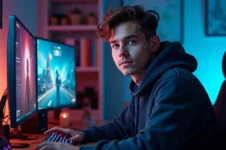 Joueur de League of Legends concentré devant ses écrans dans un setup gaming moderne à domicile