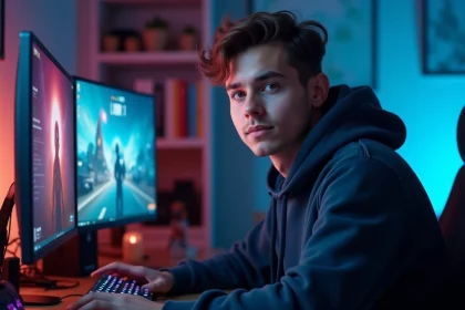Joueur de League of Legends concentré devant ses écrans dans un setup gaming moderne à domicile