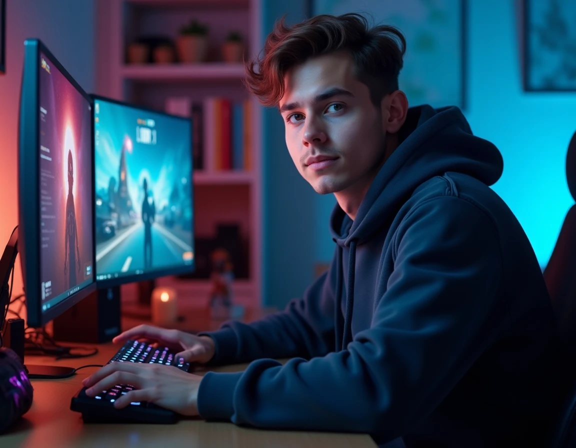 Joueur de League of Legends concentré devant ses écrans dans un setup gaming moderne à domicile