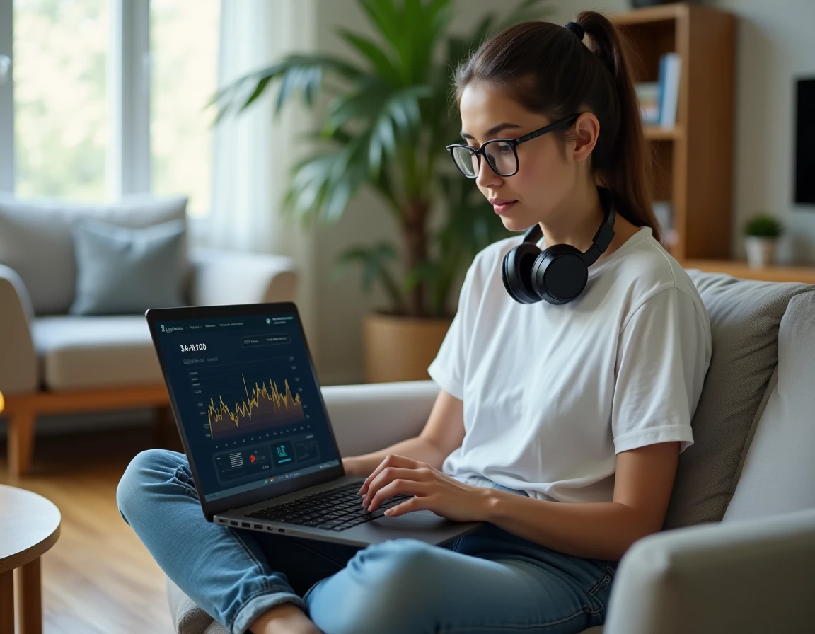 Joueuse analysant les statistiques et le nombre de joueurs de League of Legends sur son ordinateur portable