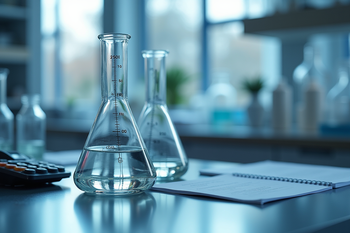 Éprouvettes et bécher précis sur un plan de laboratoire moderne
